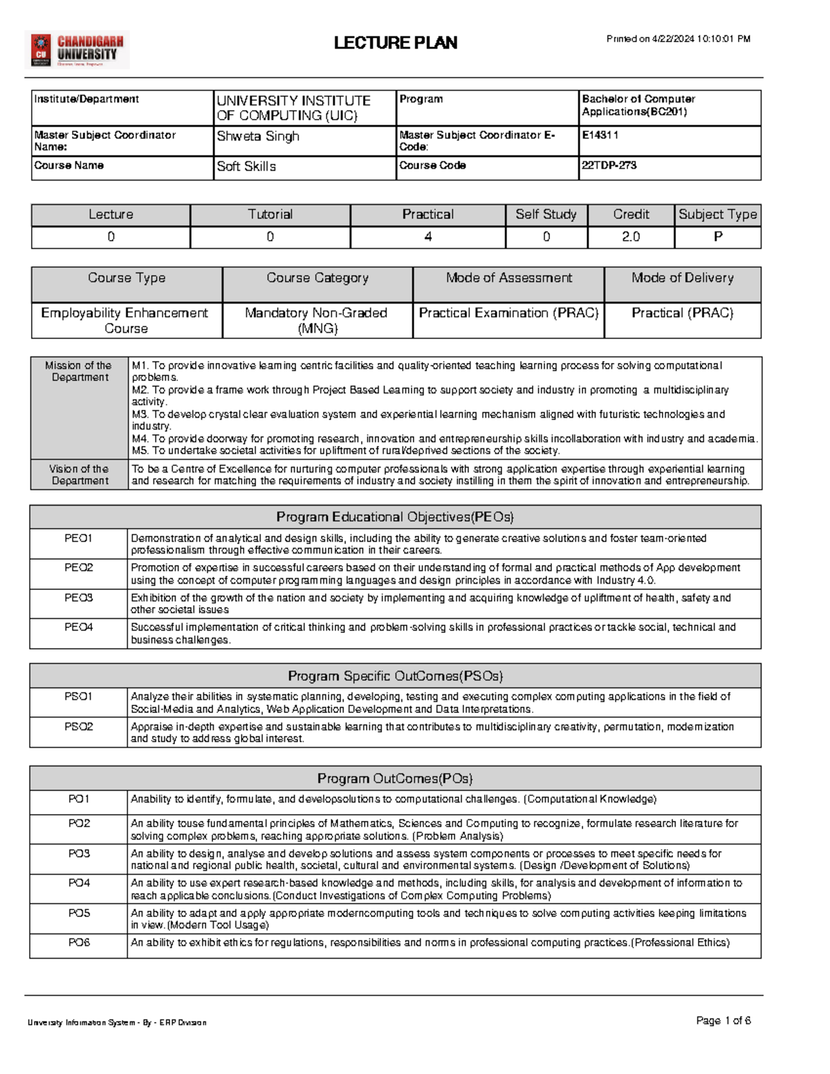 Lecture Plan BC201 22TDP-273 - Program Educational Objectives(PEOs ...