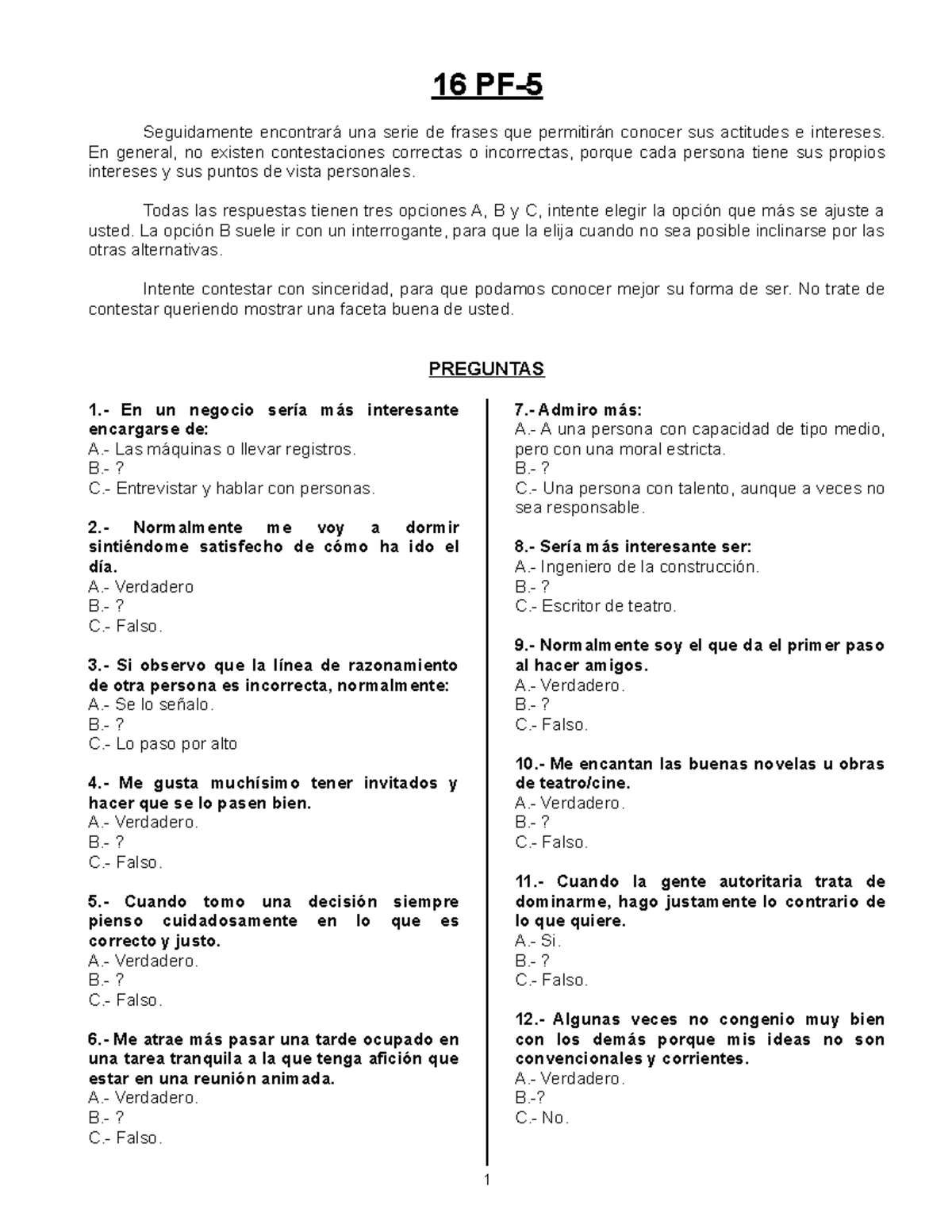 16 Pf5 Test Psicotecnico - 16 PF- Seguidamente Encontrará Una Serie De ...