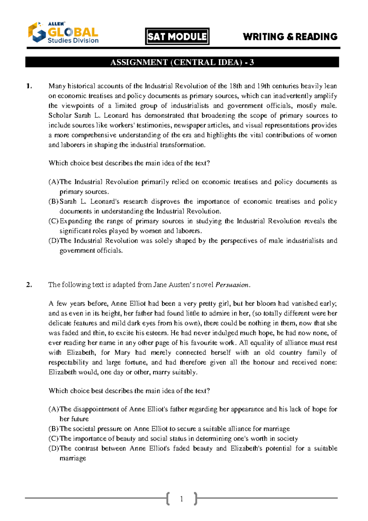 Ex 3 Reading and Writing Module 3 Questions 0 ASSIGNMENT (CENTRAL