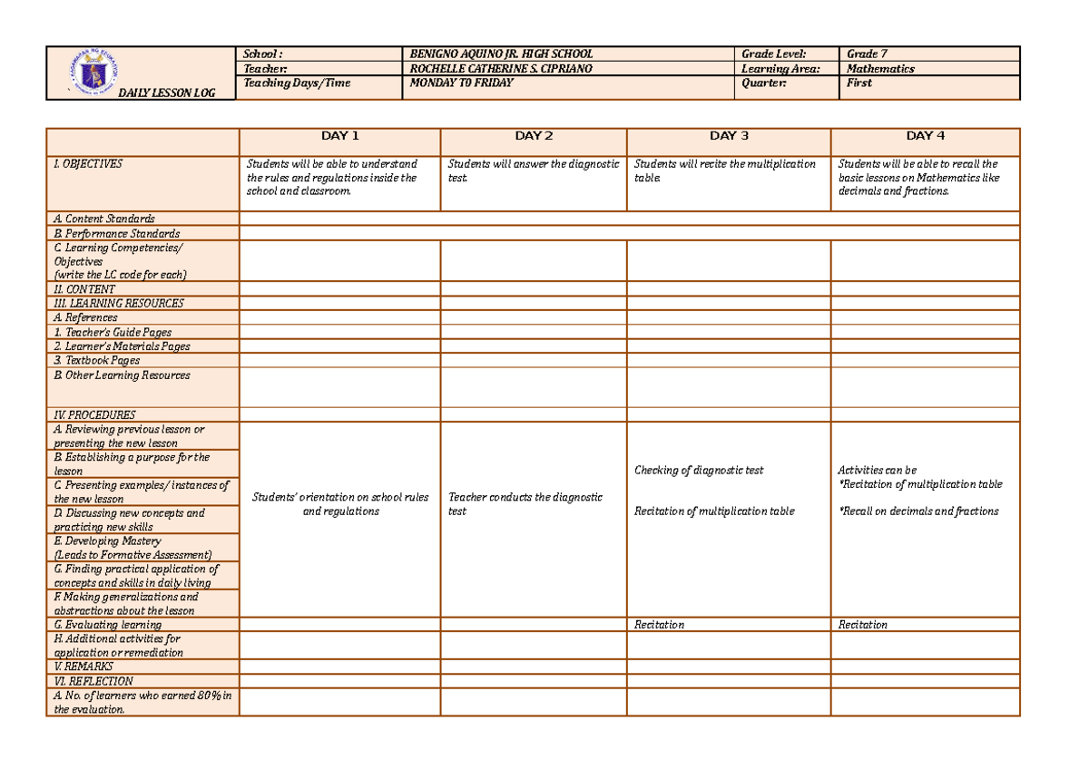 Dllweek 1 - dll - ` DAILY LESSON LOG School : BENIGNO AQUINO JR. HIGH ...