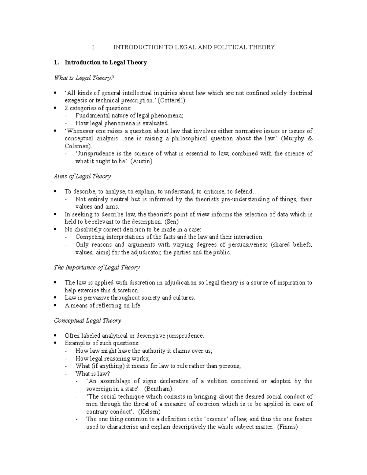 Legal Theory - Notes - I. INTRODUCTION TO LEGAL AND POLITICAL THEORY 1 ...