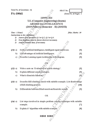 Sppu questions paper related to Artificial Intelligence and Data ...