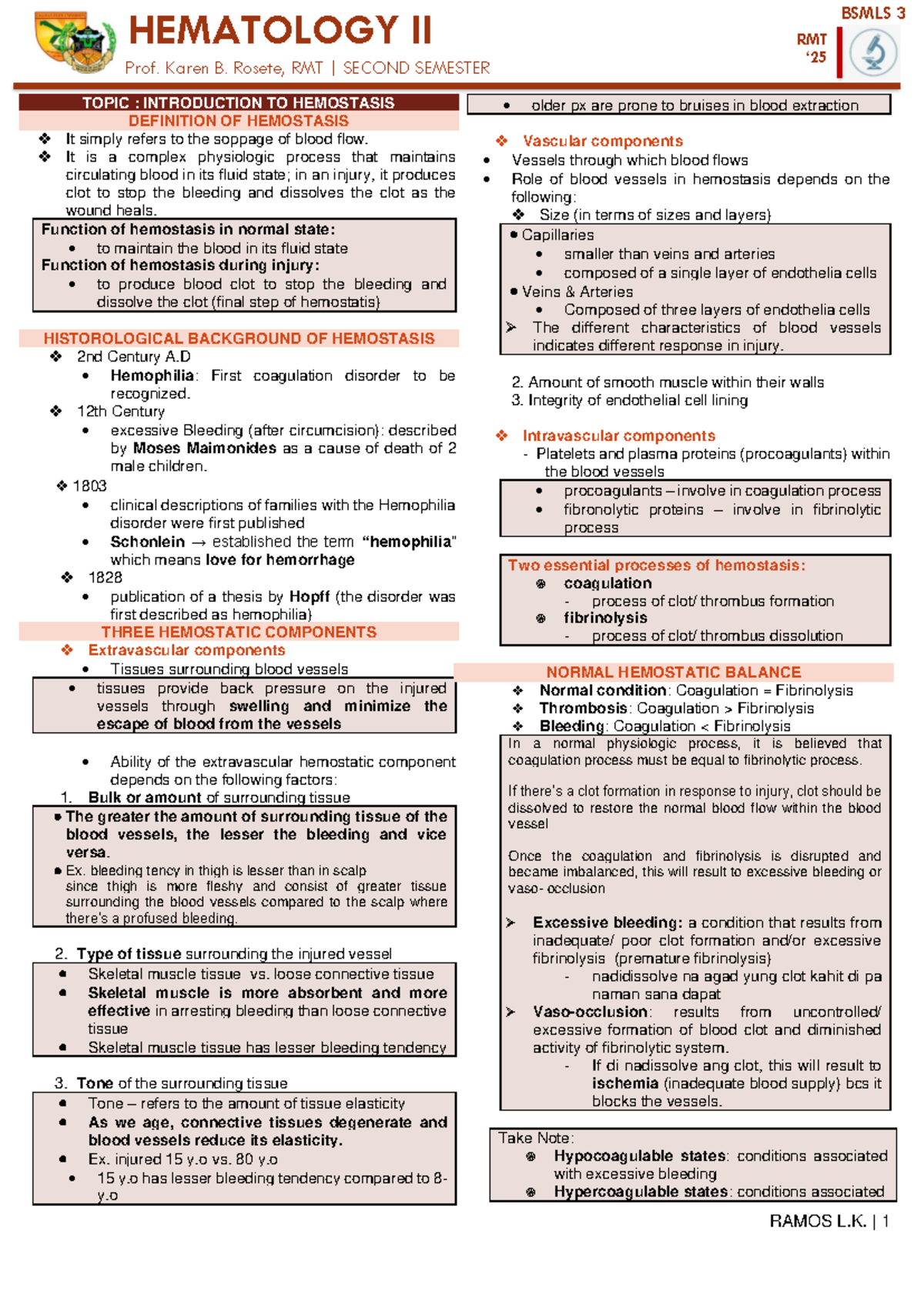 Intro TO Hemostasis Trans - RMT ‘ HEMATOLOGY II Prof. Karen B. Rosete ...