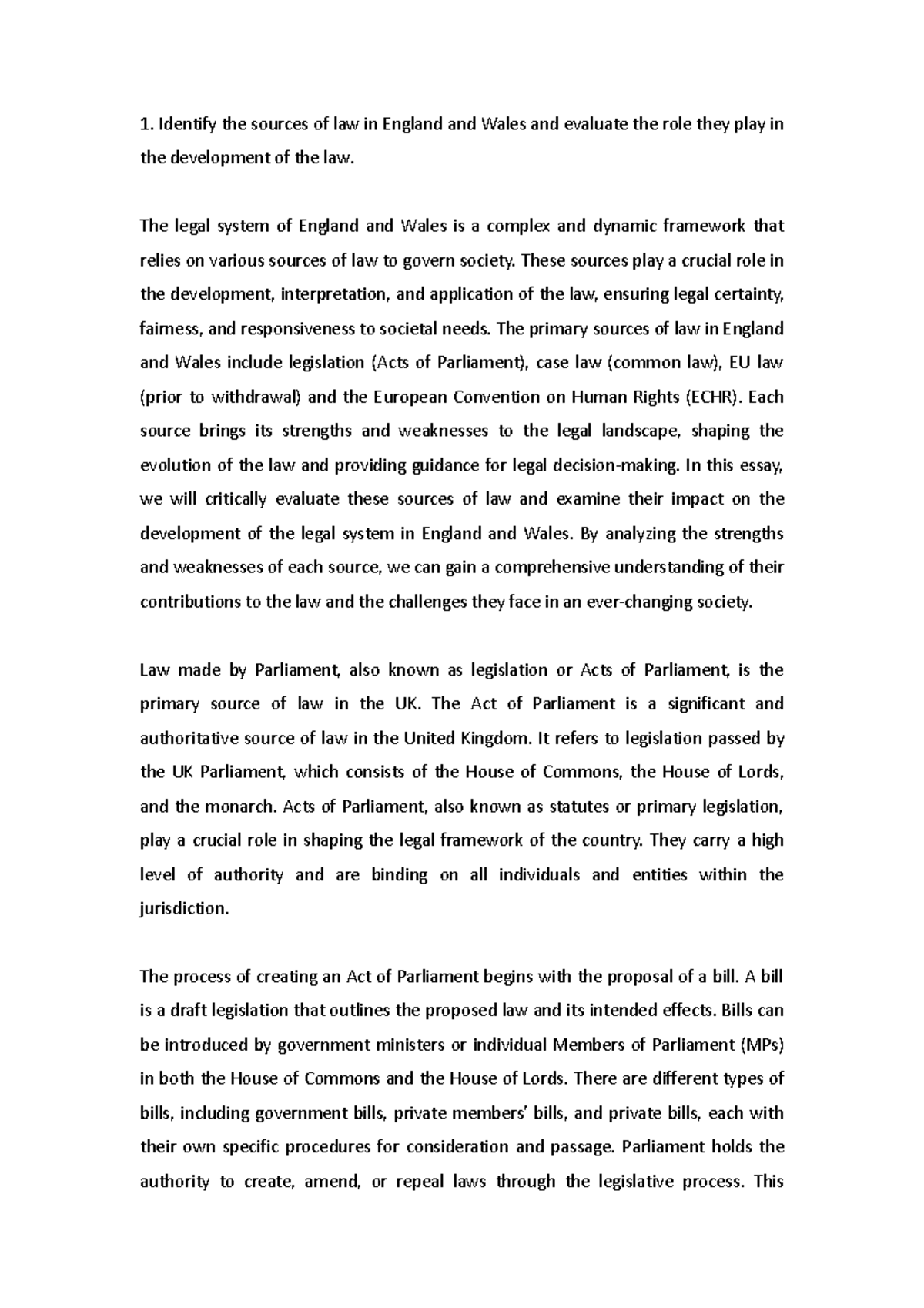 Q1 script - contract law - Identify the sources of law in England and ...