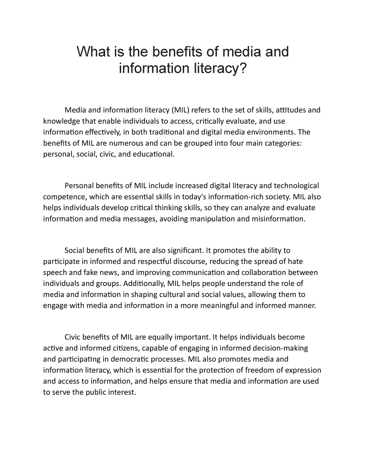 essay about the media and information literacy