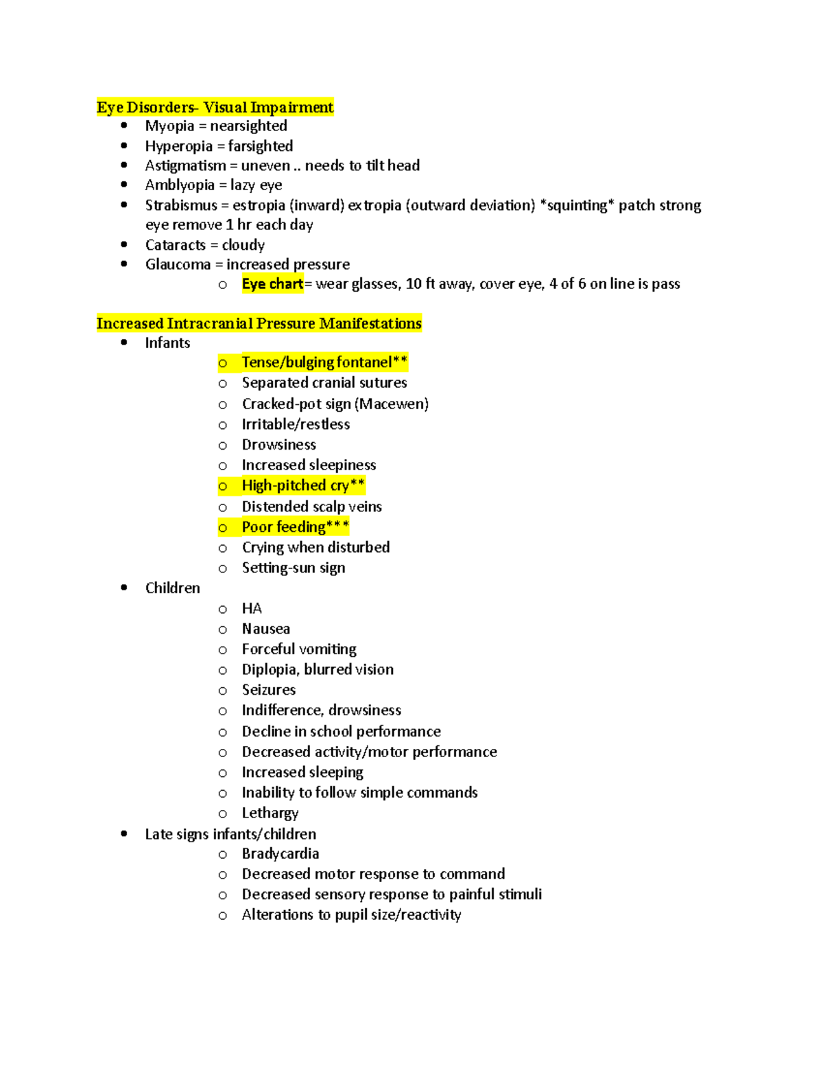 Peds2 - Pediatric neurological disorder notes - Eye Disorders- Visual ...