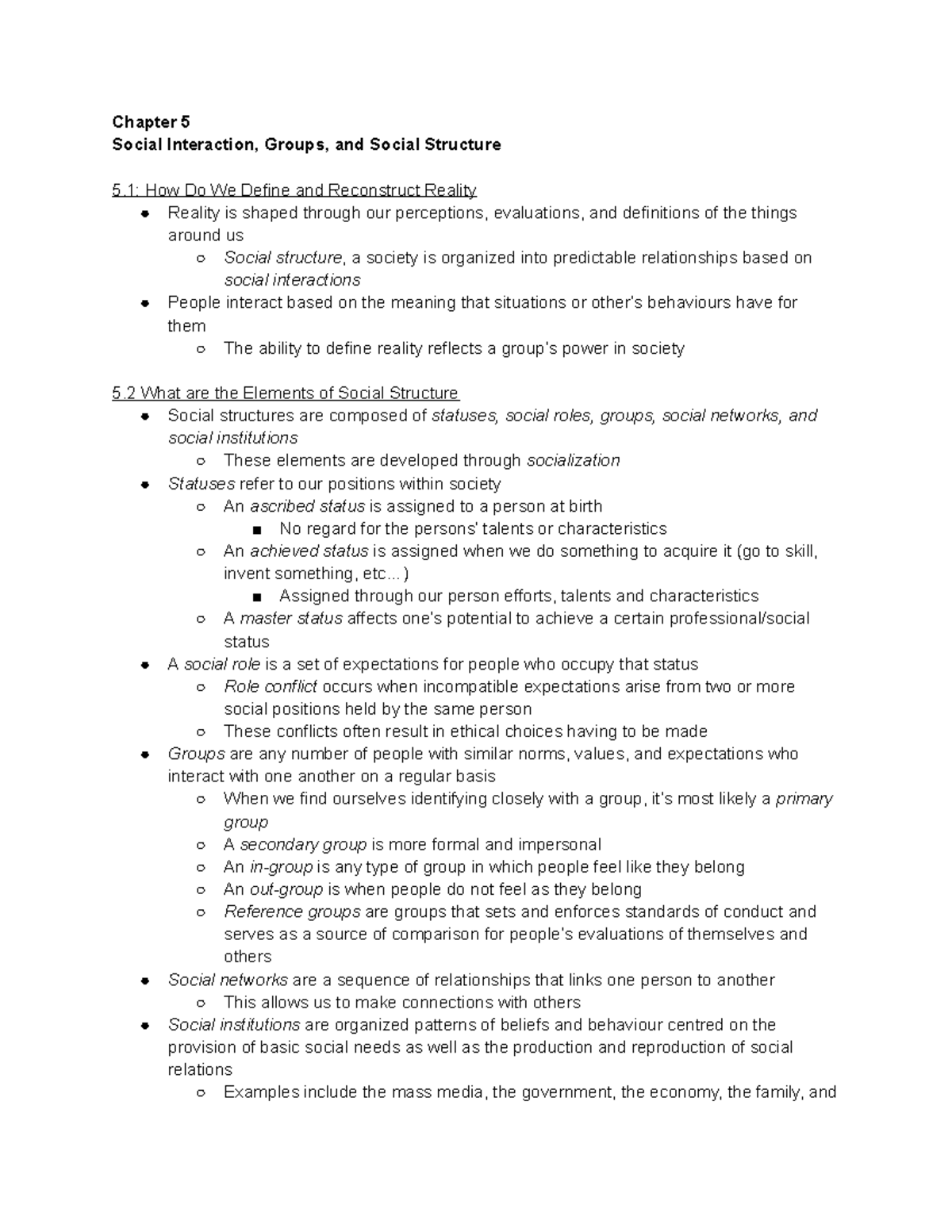 Chapter 5 Review Sociology - Chapter 5 Social Interaction, Groups, And ...