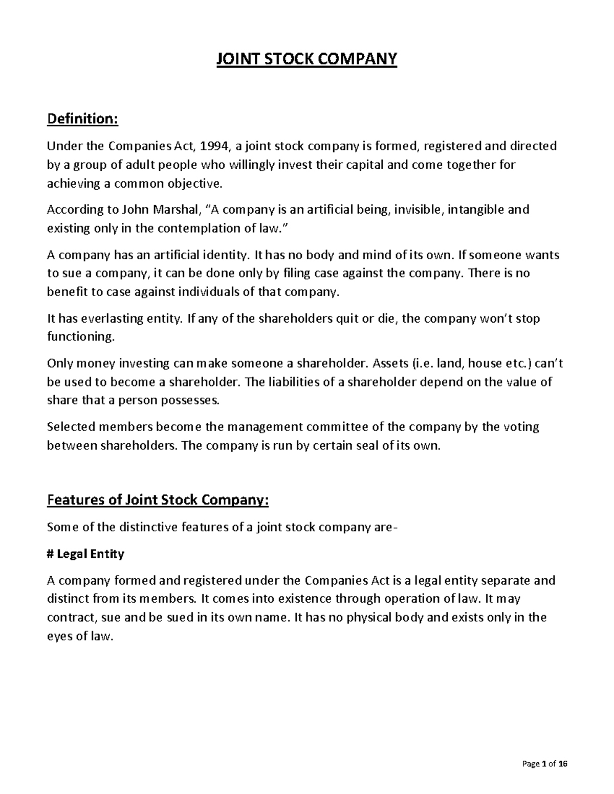 Joint Stock Company Brief Study JOINT STOCK COMPANY Definition Under