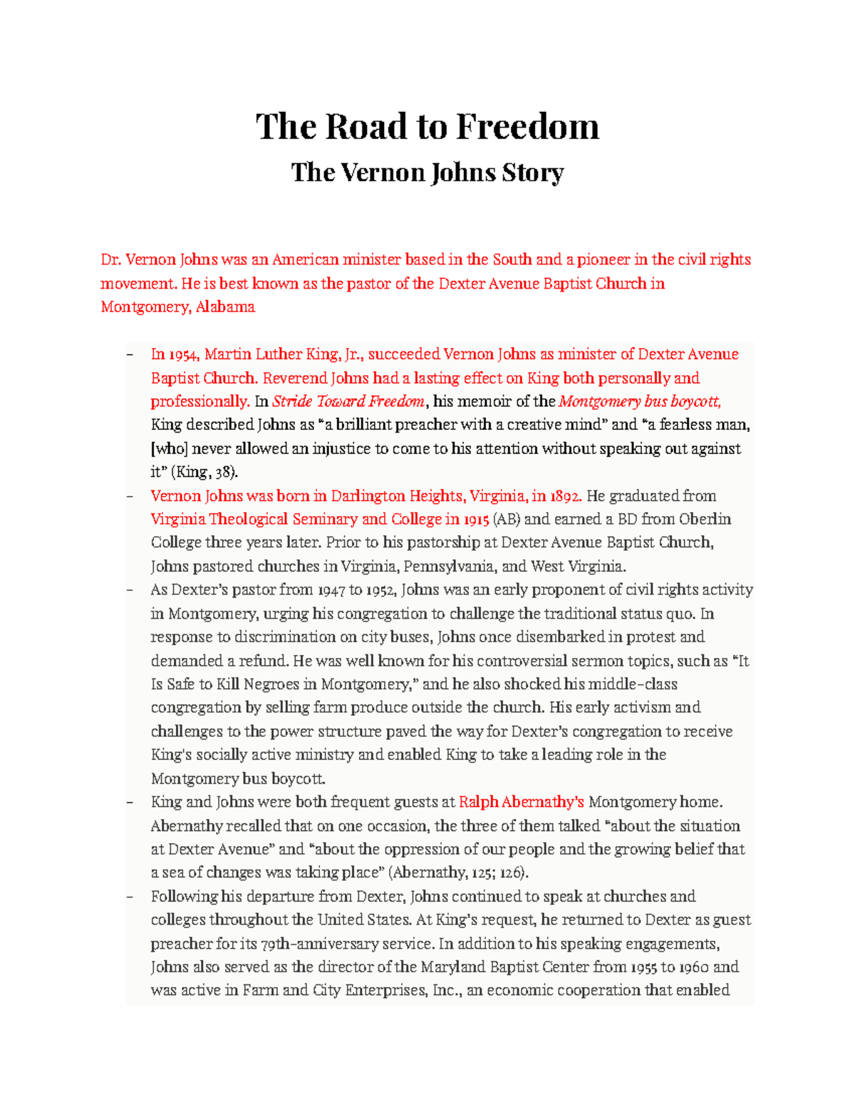 The Road To Freedom The Vernon Johns Story The Road to Freedom - Vernon Johns was an American minister based in