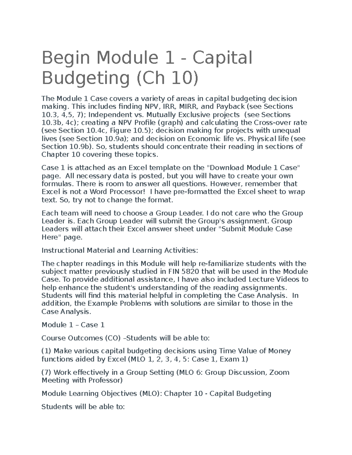 Begin Module 1 - lecture notes - Begin Module 1 - Capital Budgeting (Ch ...