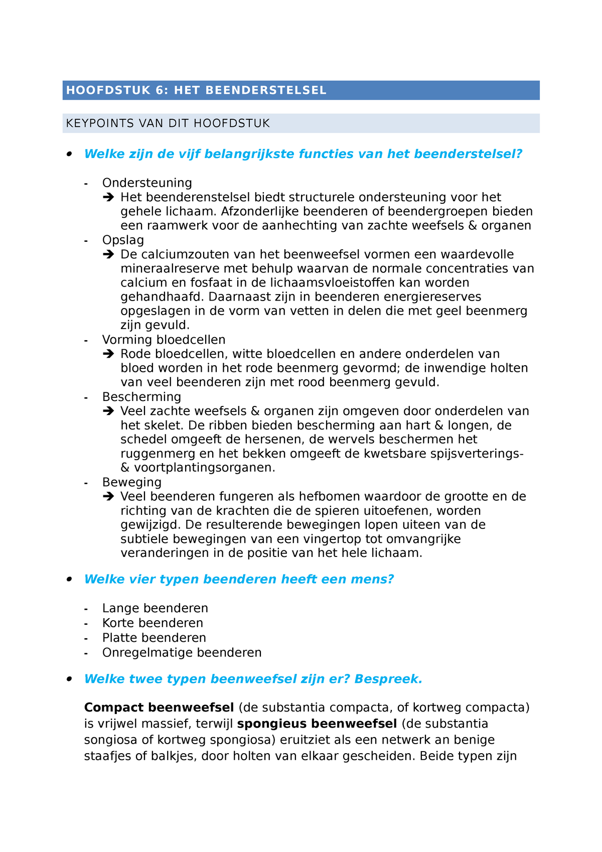 2021 06 Key Points Het Beenderstelsel Hoofdstuk 6 Het Beenderstelsel