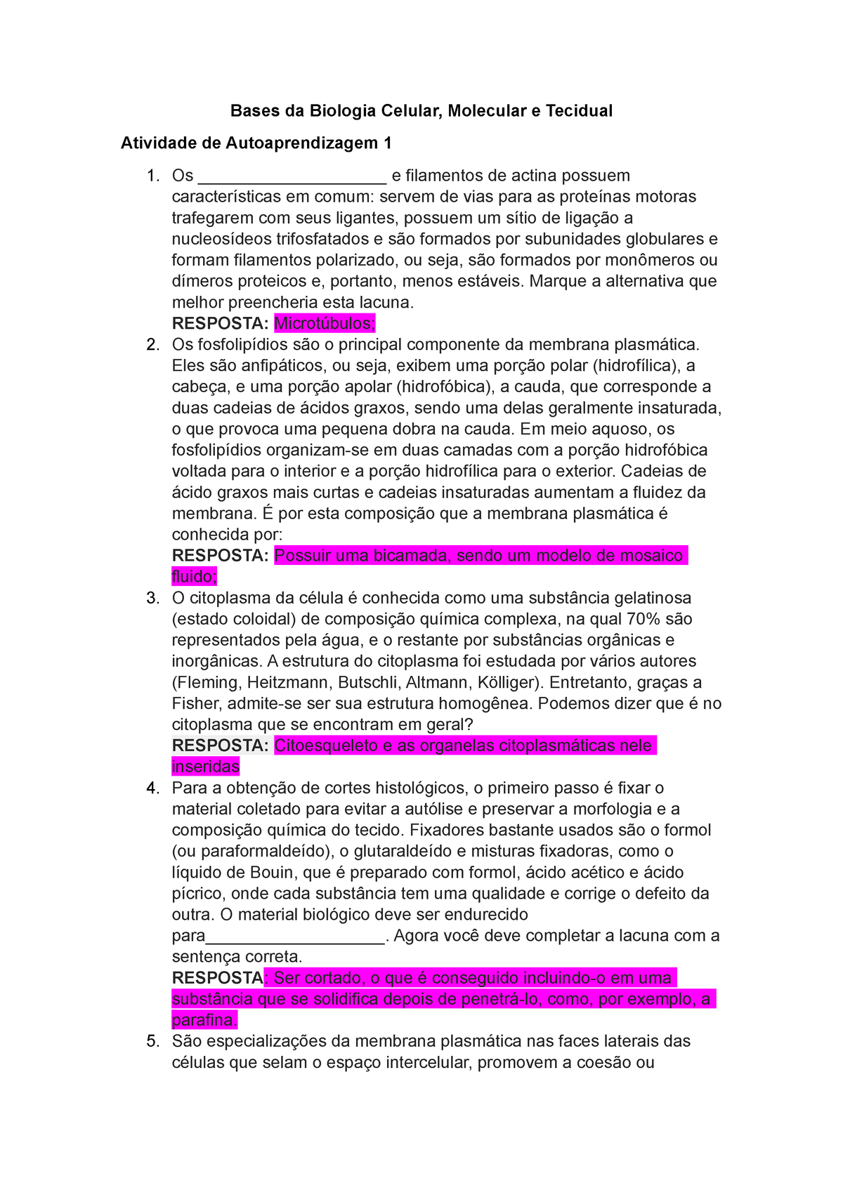 Bases Da Biologia Celular Atividaades Bases Da Biologia Celular Molecular E Tecidual