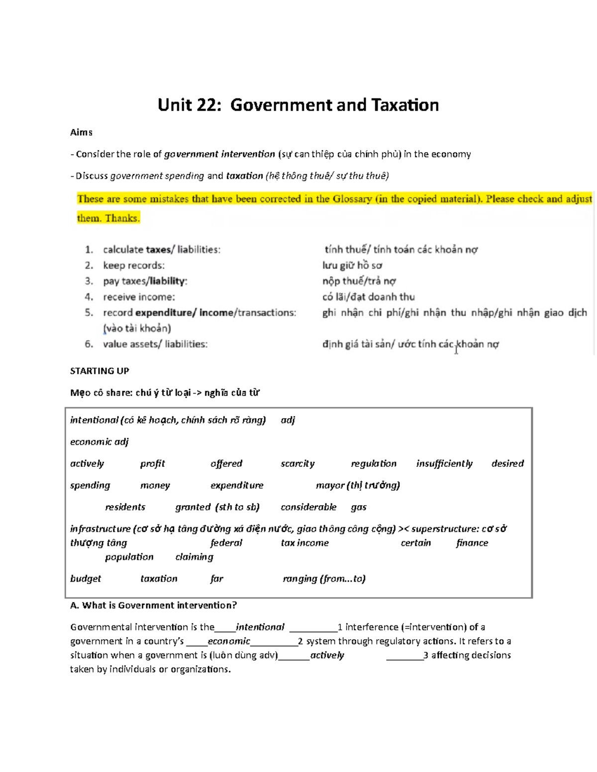 Unit 22 23 - Business English - Unit 22: Government and Taxation Aims ...