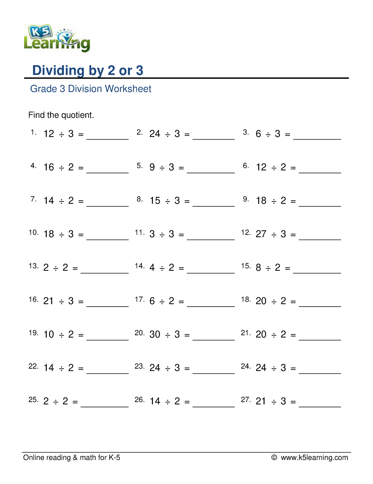 Grade 3 division facts 2 or 3 d - Online reading & math for K-5 ...