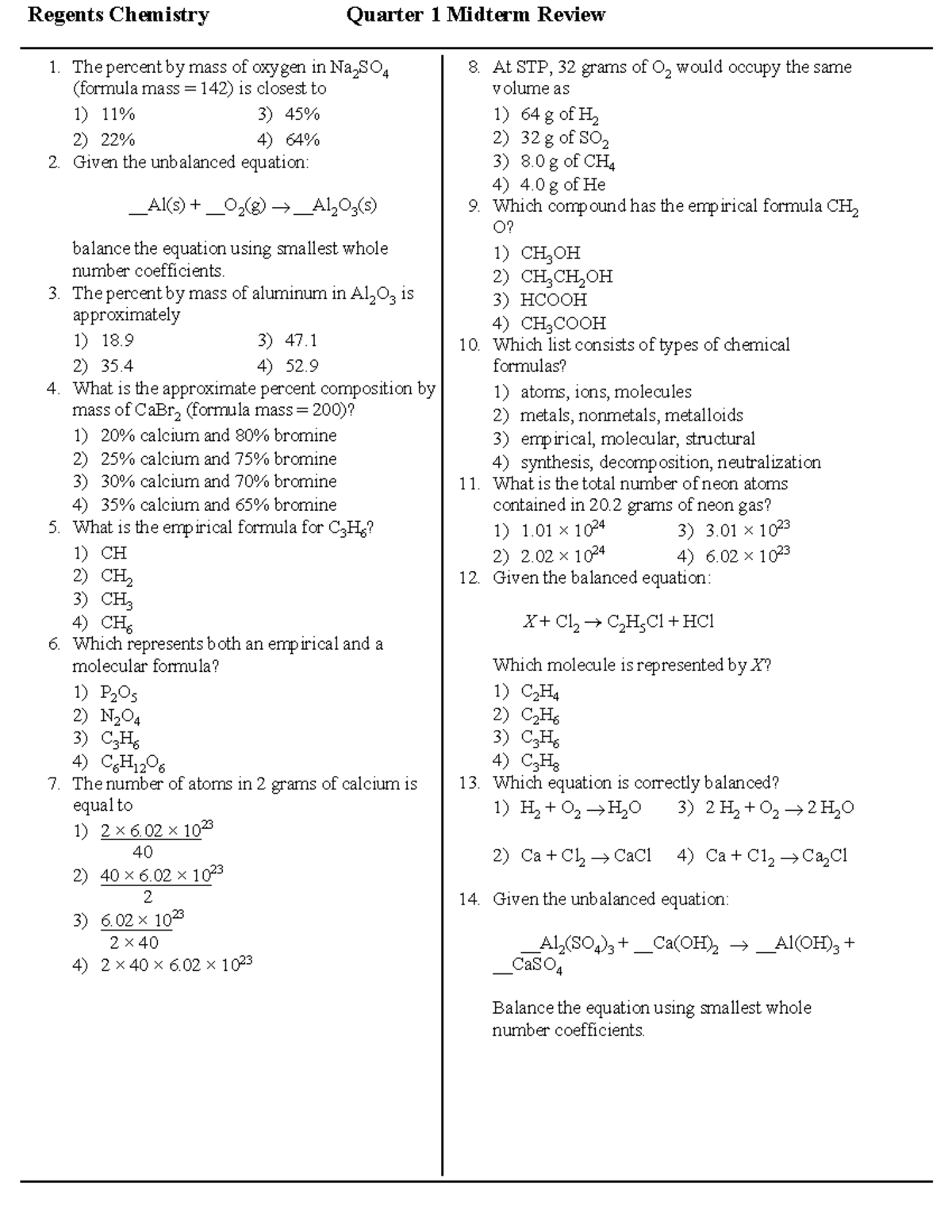 Regents Chemistry Quarter 1 Midterm Review 3. The percent by mass of