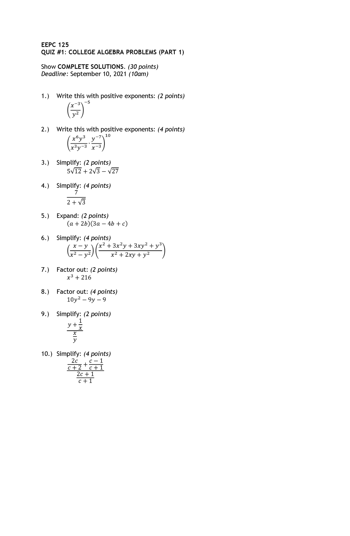 EEPC 125 Quiz 1 - Study well - EEPC 125 QUIZ #1: COLLEGE ALGEBRA ...