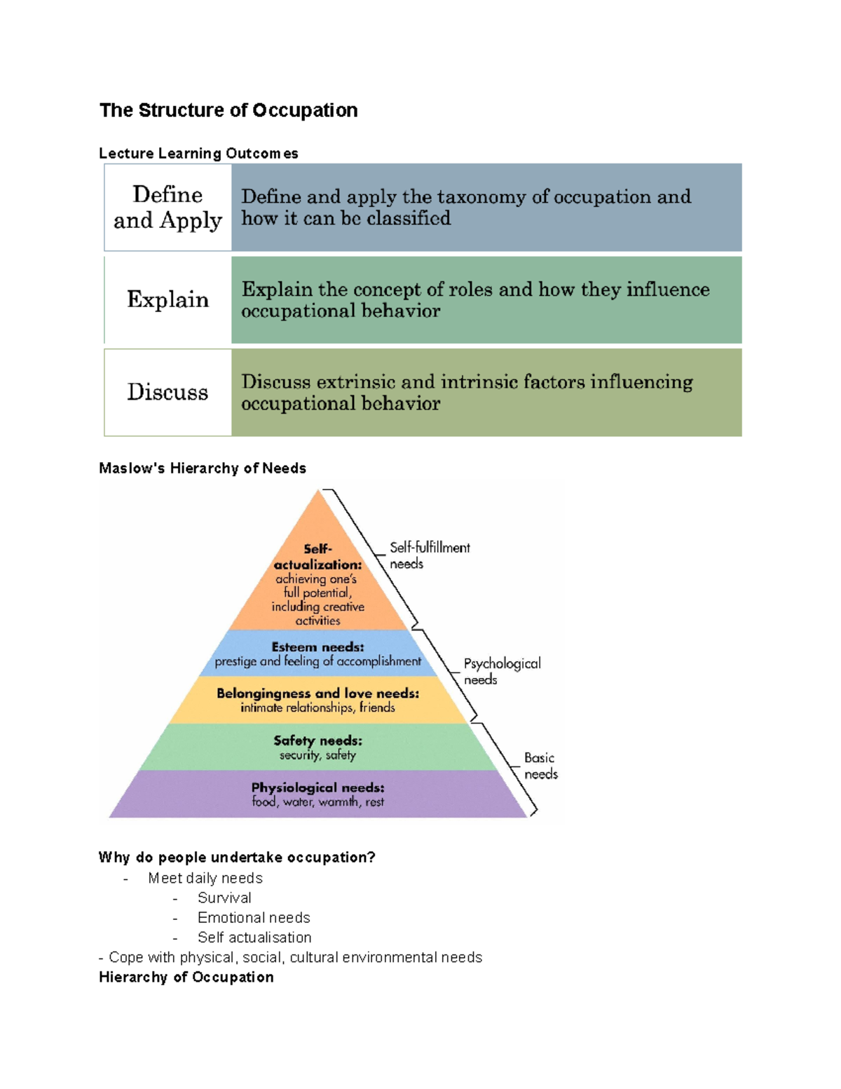 Week 2 Lecture - description and diagrams - The Structure of Occupation ...
