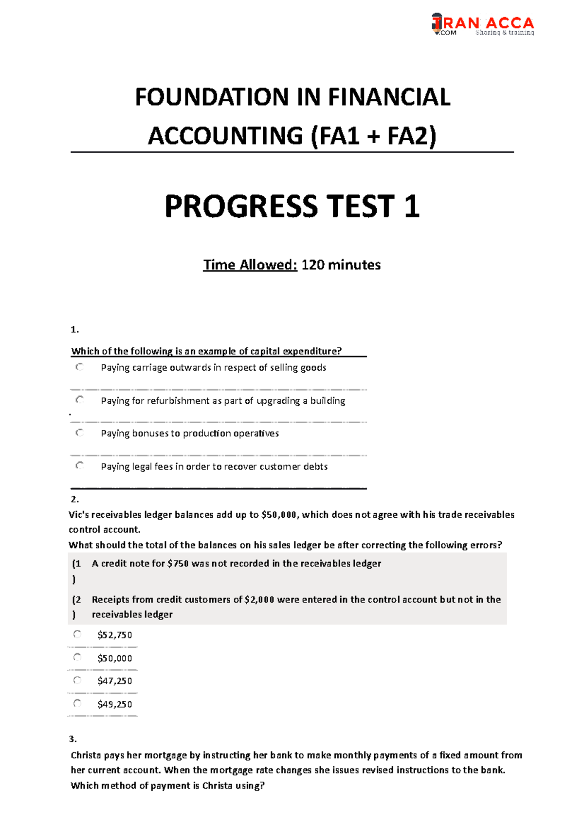 Foundation in Financial Accounting Mock exam 1 FOUNDATION IN