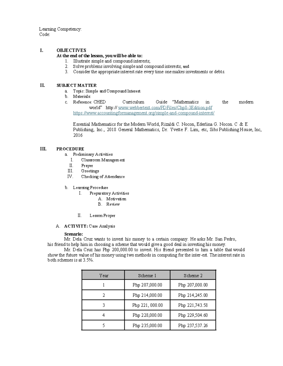 Sample Lesson Plan Brief - Learning Competency: Code: I. OBJECTIVES At ...