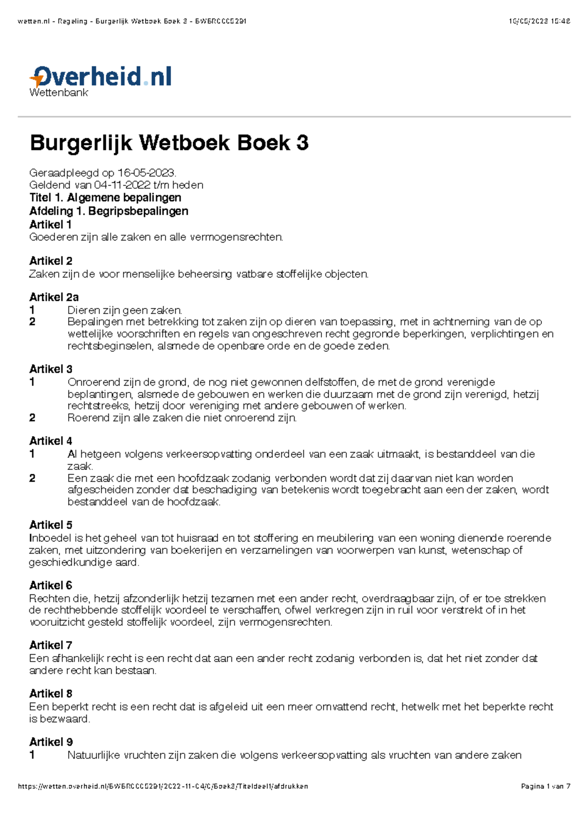 BW Boek 3 Titel 1 - Nederland - Wettenbank Burgerlijk Wetboek Boek 3 ...