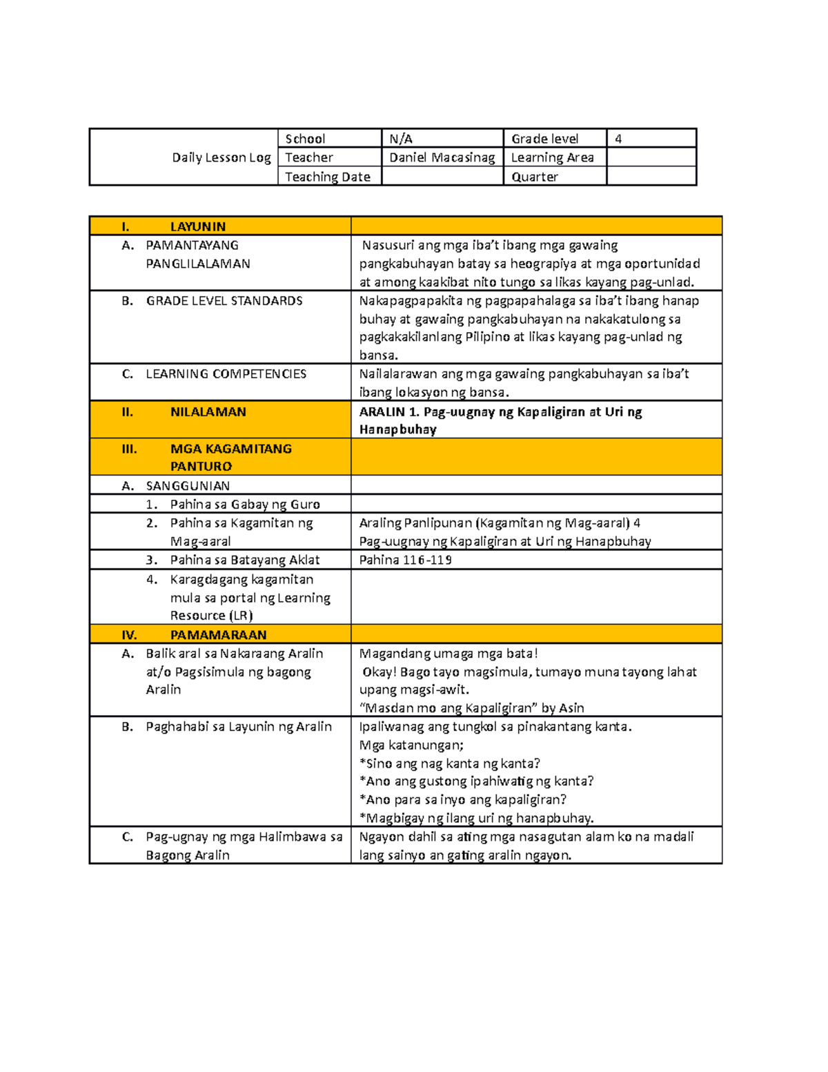 LP AP - sample lp - School N/A Grade level 4 Daily Lesson Log Teacher ...