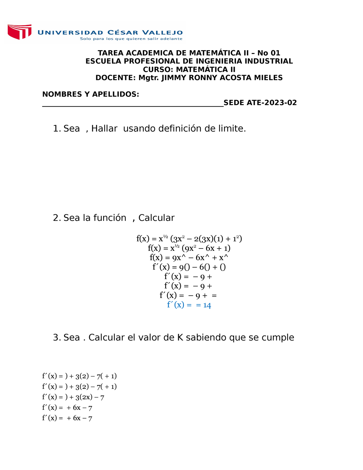 Tarea Academica 1 Matematica Esc Tarea Academica De MatemÁtica Ii No 01 Escuela Profesional 2059