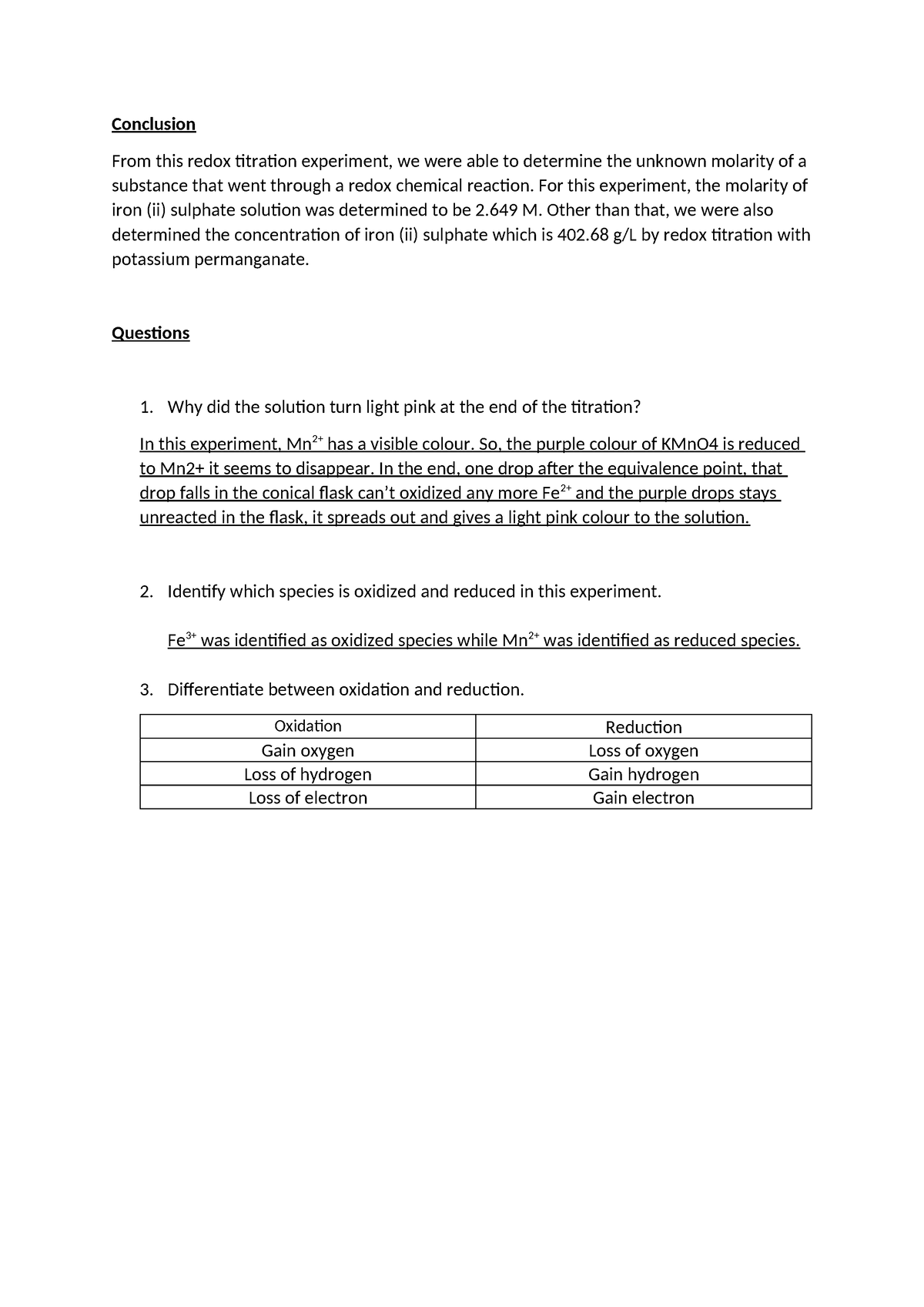 conclusion of redox titration experiment