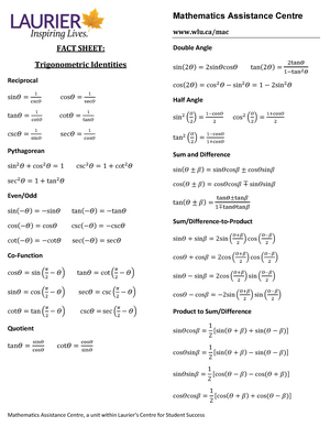 trigonometric identities formulas sheet