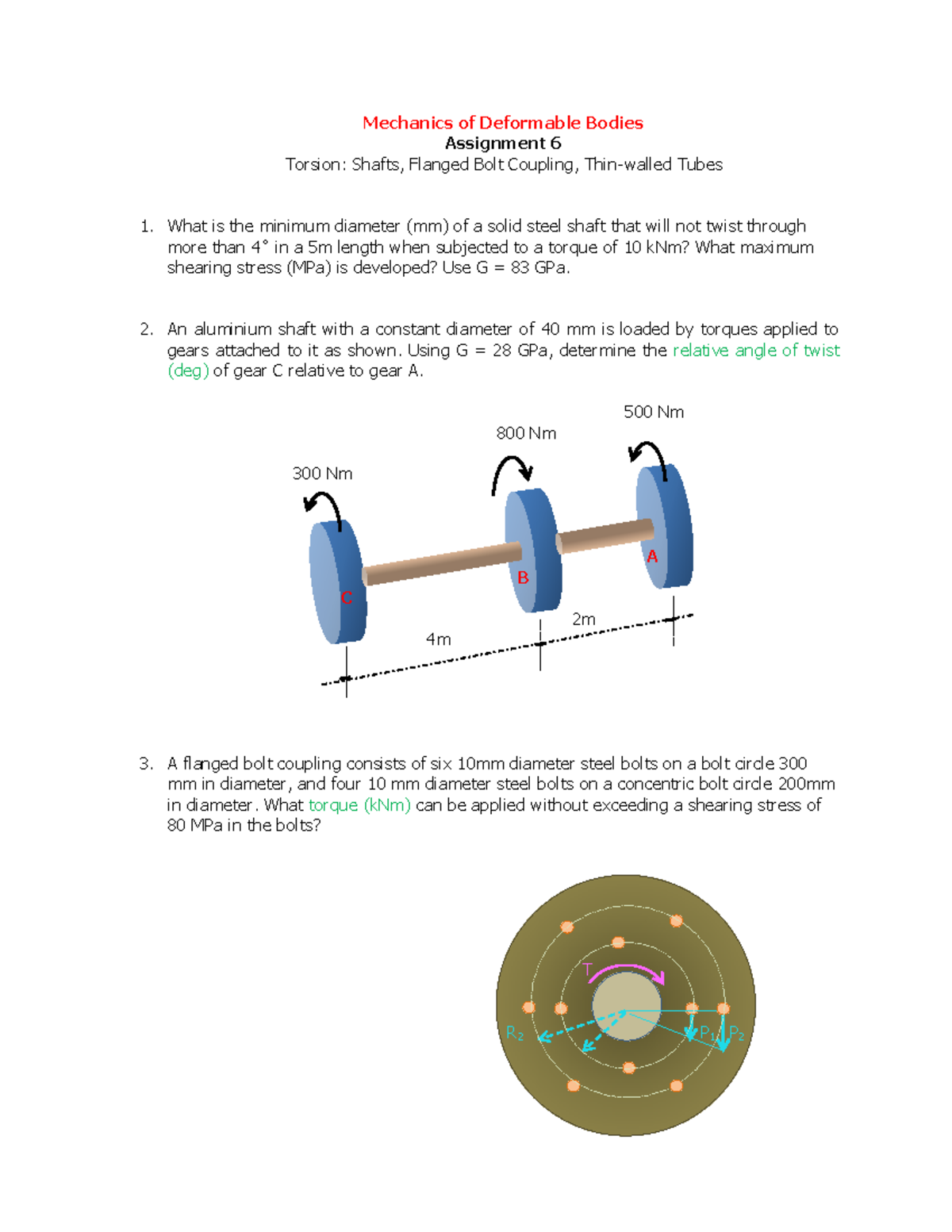 Strength Assignment 4 . Torsion (Shafts, Flanged Bolt Couplings, Thin