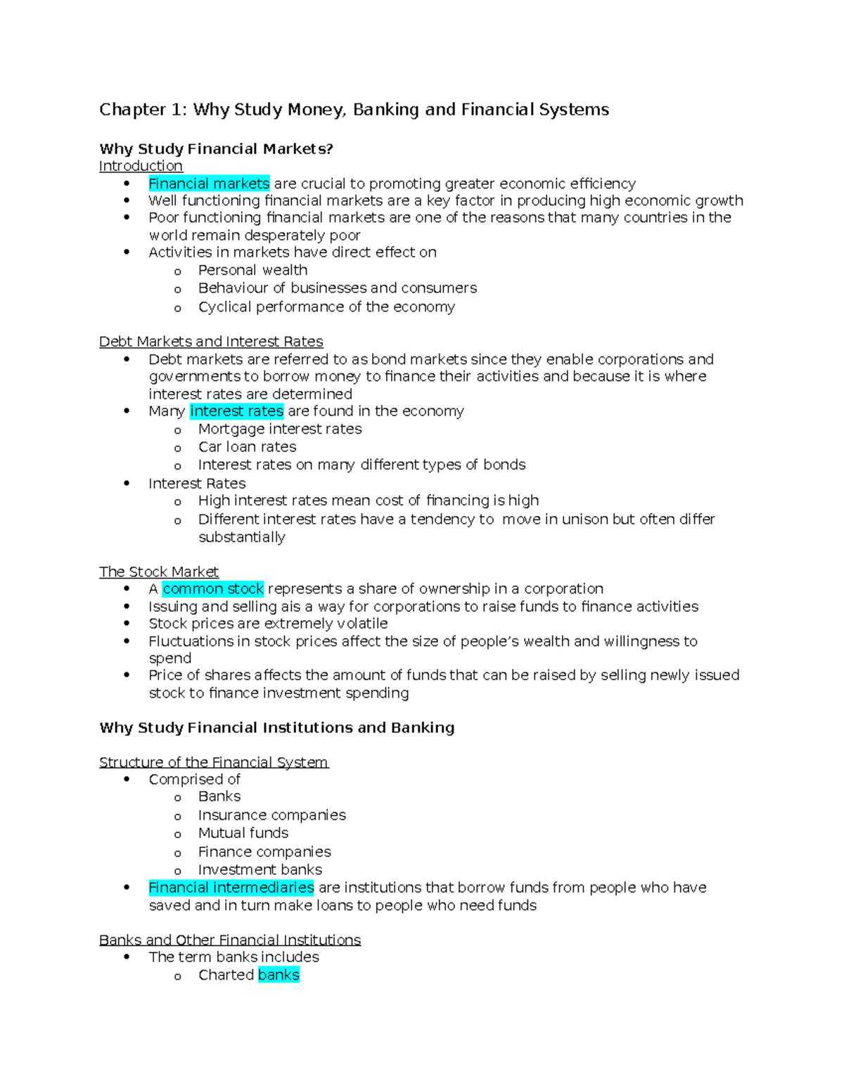 Chapter 1 Textbook Notes - Chapter 1: Why Study Money, Banking and ...