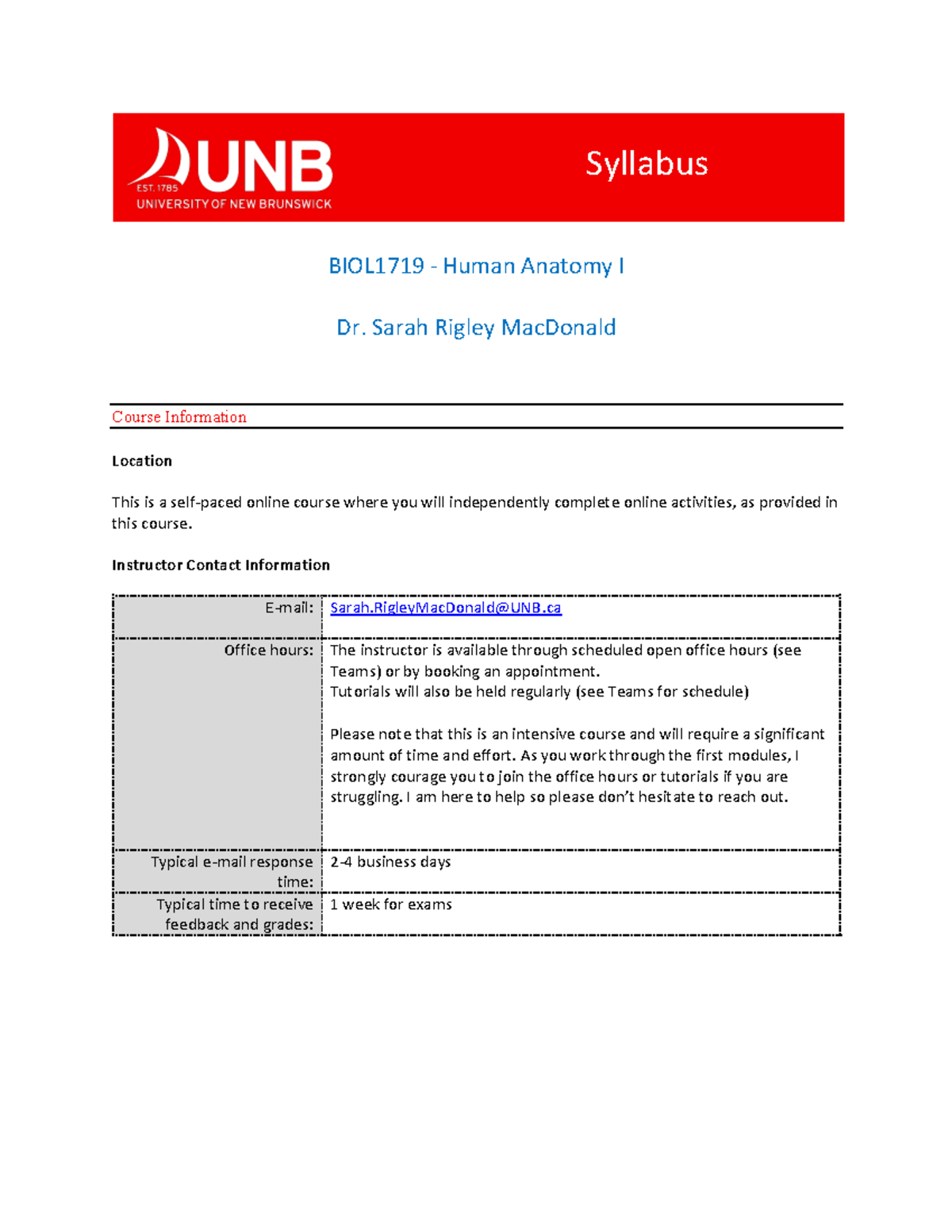 BIOL1719 Human Anatomy I Course Syllabus May 2023 BIOL1719