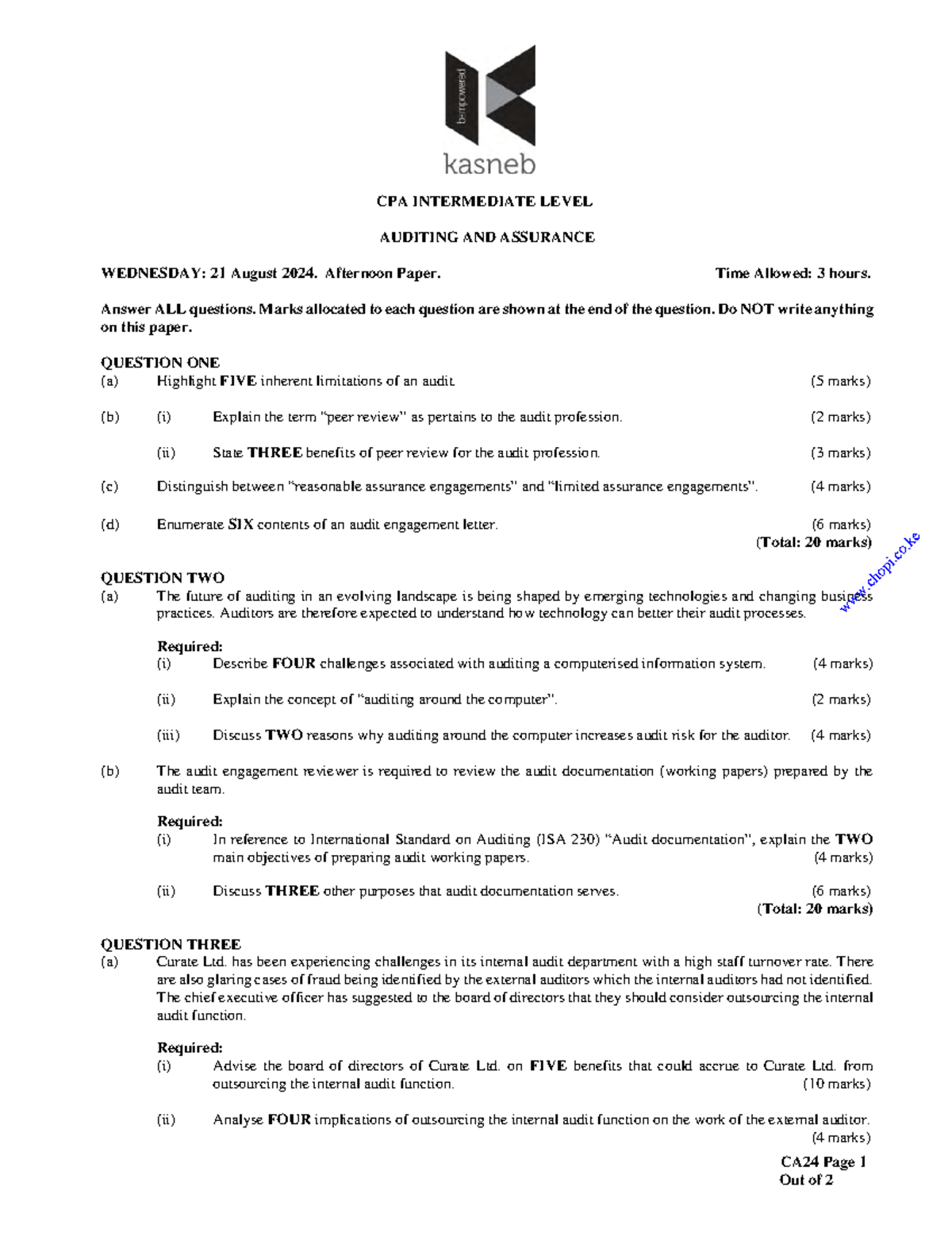 Auditing Assurance 2015 August 2024 Past Papers - CA24 Page 1 Out of 2 ...