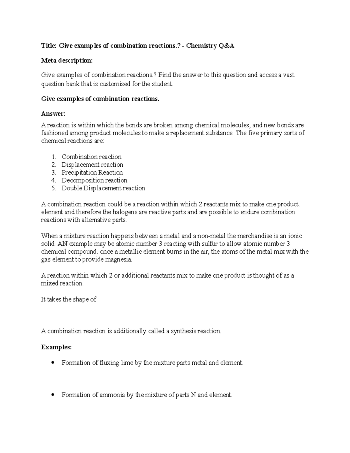 Give examples of combination reactions ? Chemistry Q&A Meta