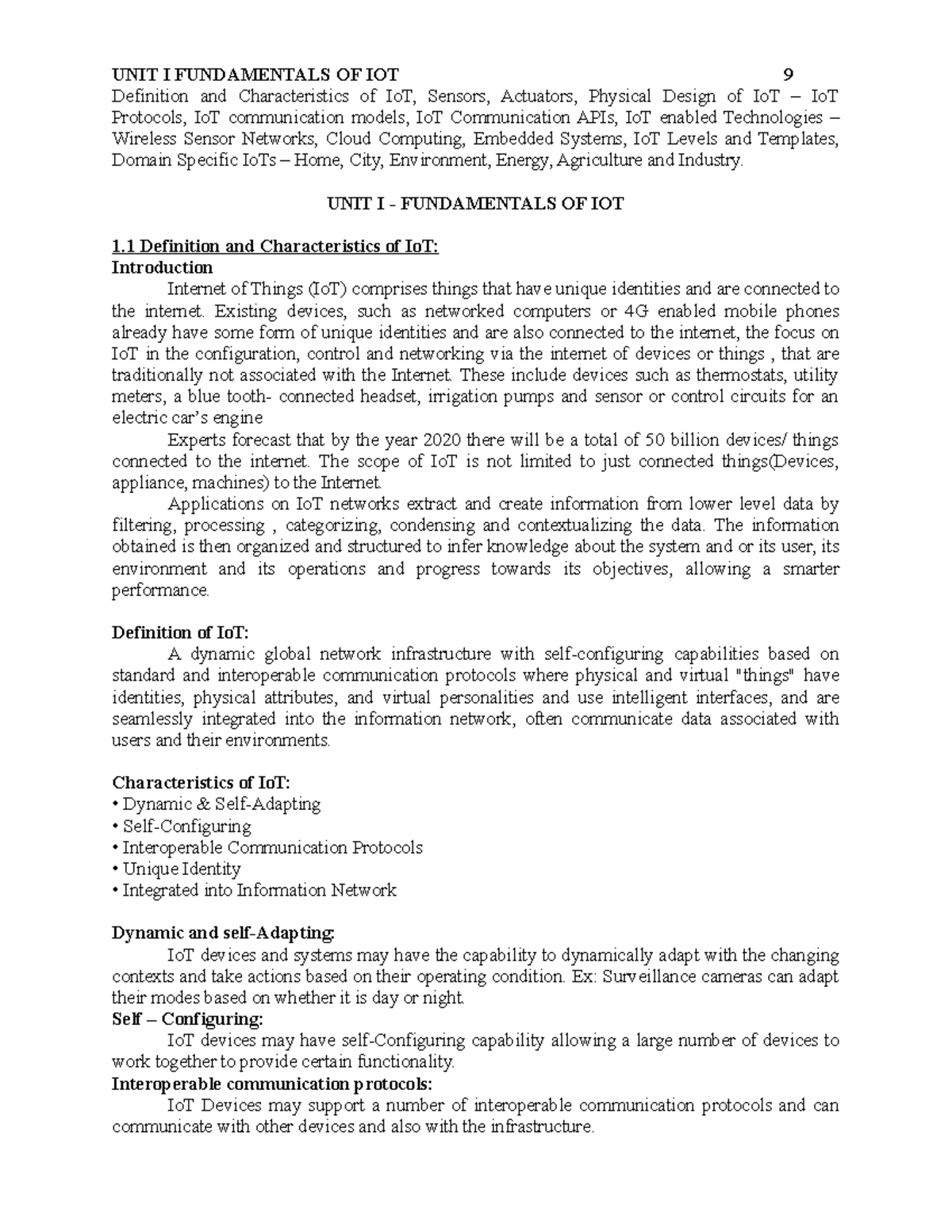 Notes - IOT - UNIT I FUNDAMENTALS OF IOT 9 Definition and ...