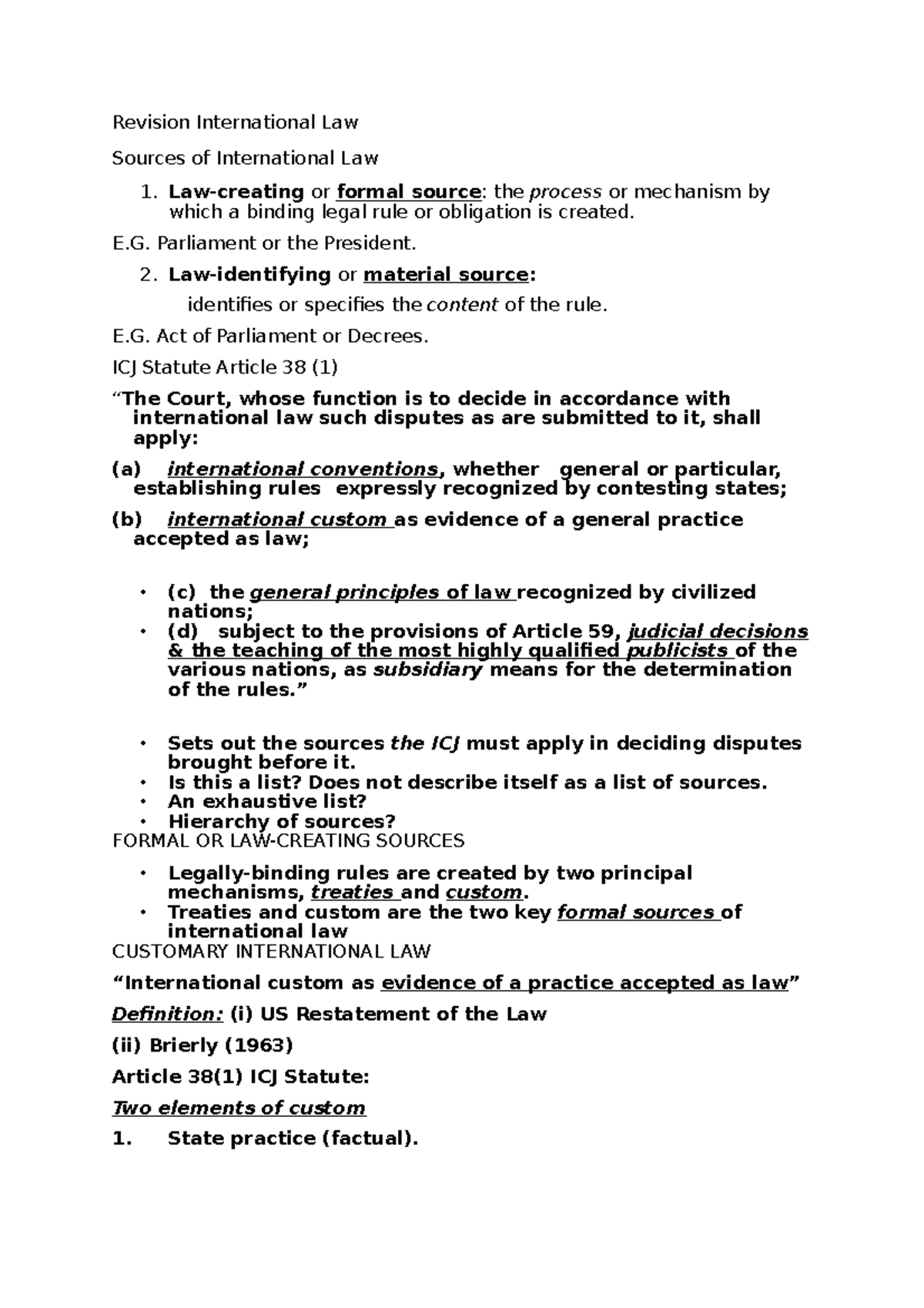 Sources of international law revision notes from lecture - Revision ...