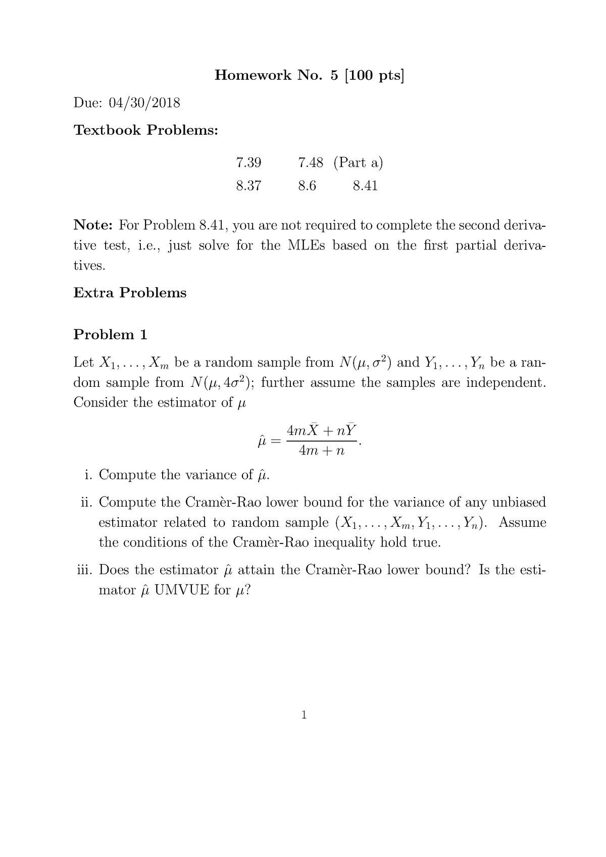 Homework 5 - Homework No. 5 [100 Pts] Due: 04/30/ Textbook Problems: 39 ...