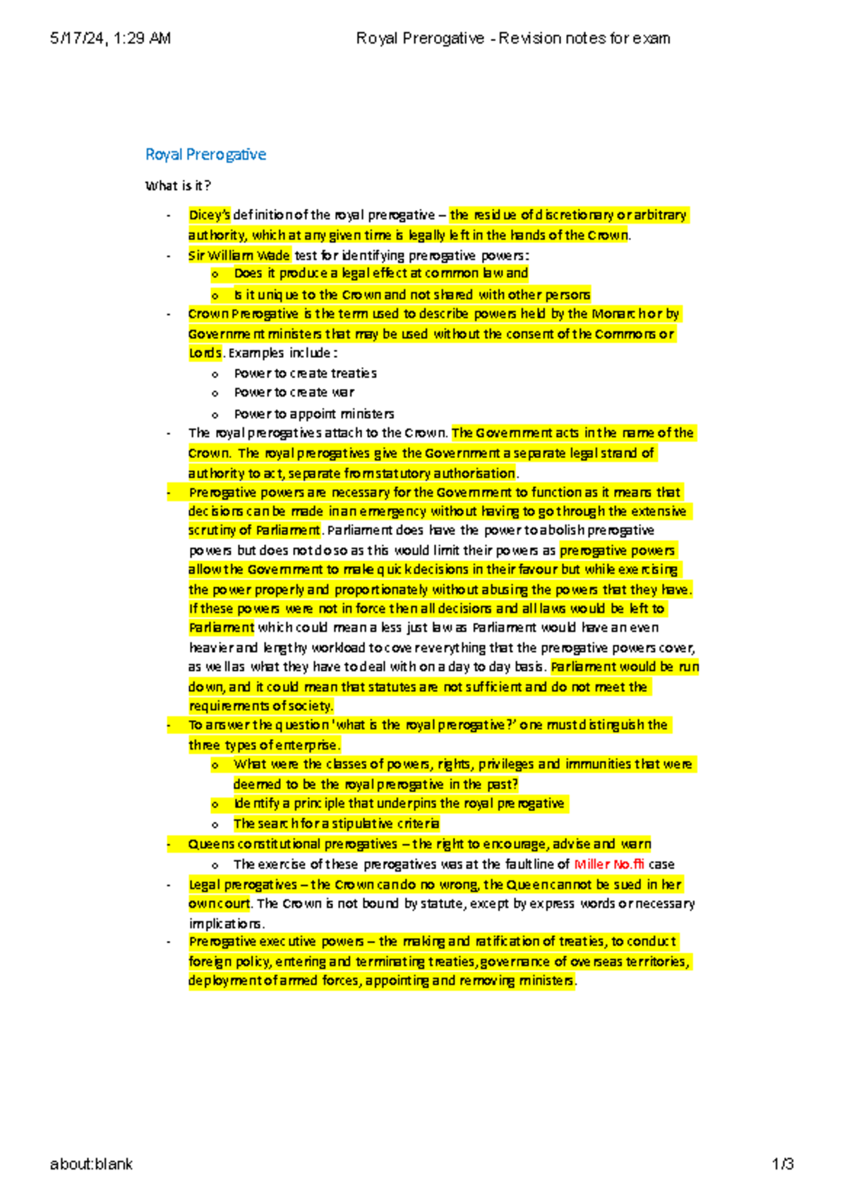 Royal Prerogative - Revision notes for exam - Royal Prerogative What is ...