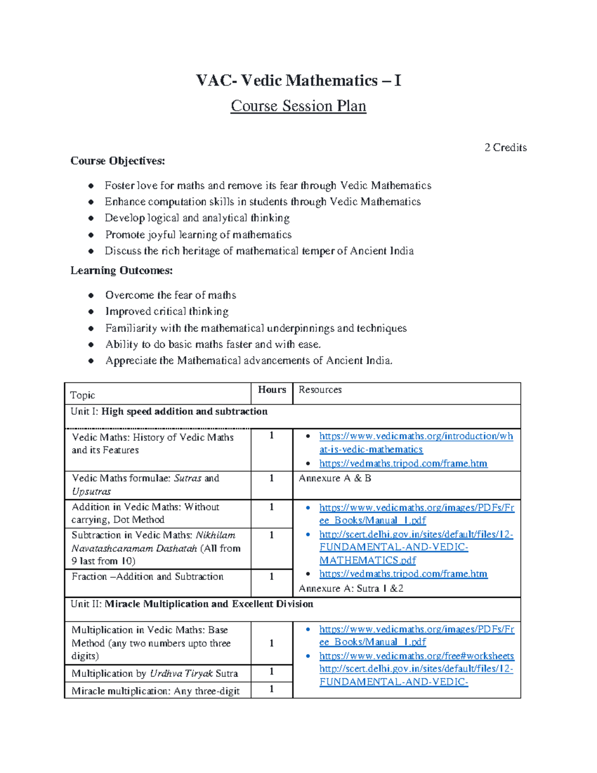 Vedic Mathematics-Session Plan - VAC- Vedic Mathematics – I Course ...