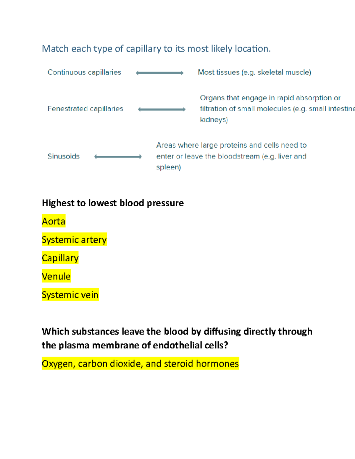 AP2 Chapter 20 Match each type of capillary to its most likely