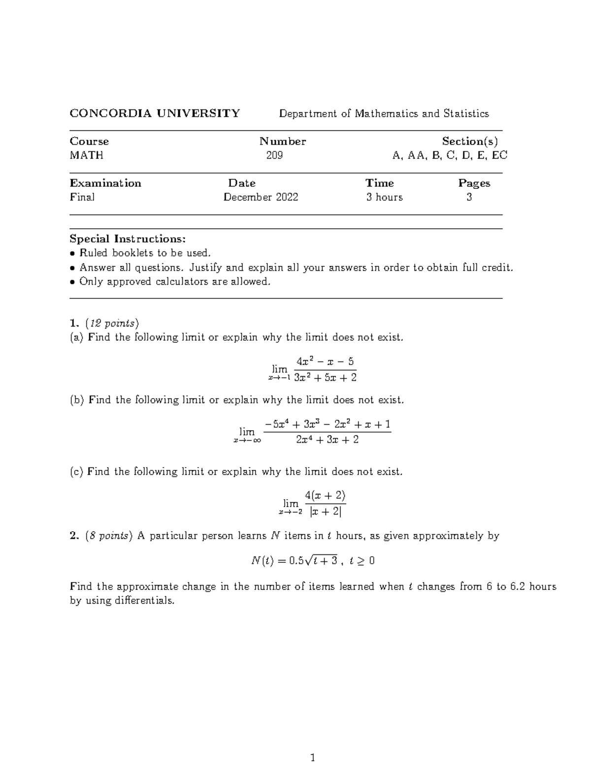MATH 209 December 2022 Final - CONCORDIA UNIVERSITY Department of ...