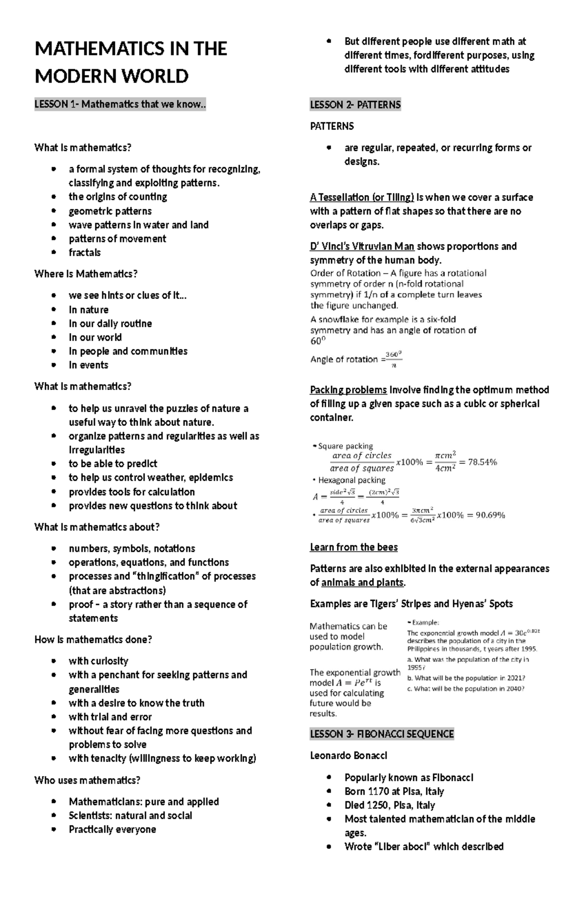 Mathematics IN THE Modern World- Notes - MATHEMATICS IN THE MODERN ...