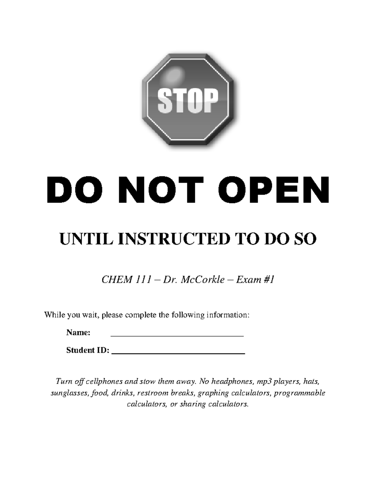 111 Exam1 Mc Corkle FA14 Key - DO NOT OPEN UNTIL INSTRUCTED TO DO SO ...