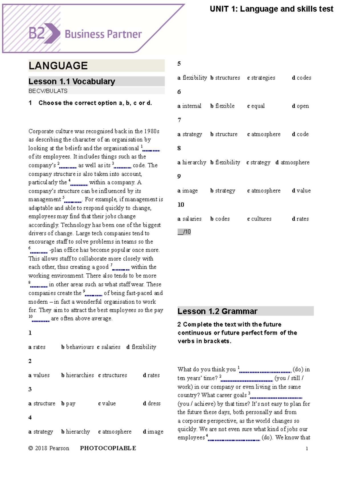 BP B2 Tests Unit1 - LANGUAGE Lesson 1 Vocabulary BECV/BULATS 1 Choose ...