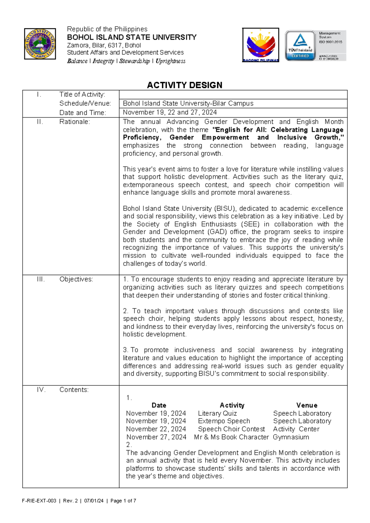 Activity Design SEE 2024 finalnajudhaha 4 - BOHOL ISLAND STATE ...
