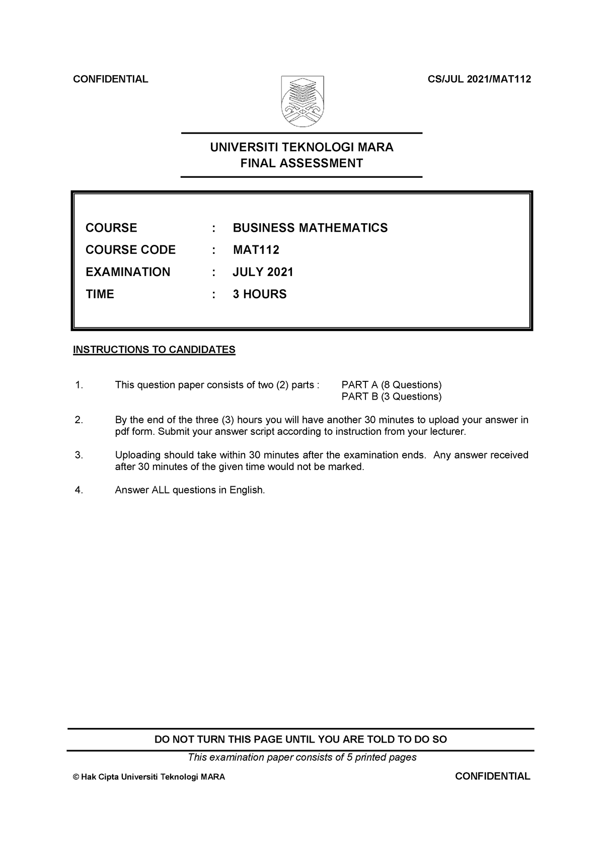 MAT112 PAST YEAR(JULY2021) - UNIVERSITI TEKNOLOGI MARA FINAL ASSESSMENT ...