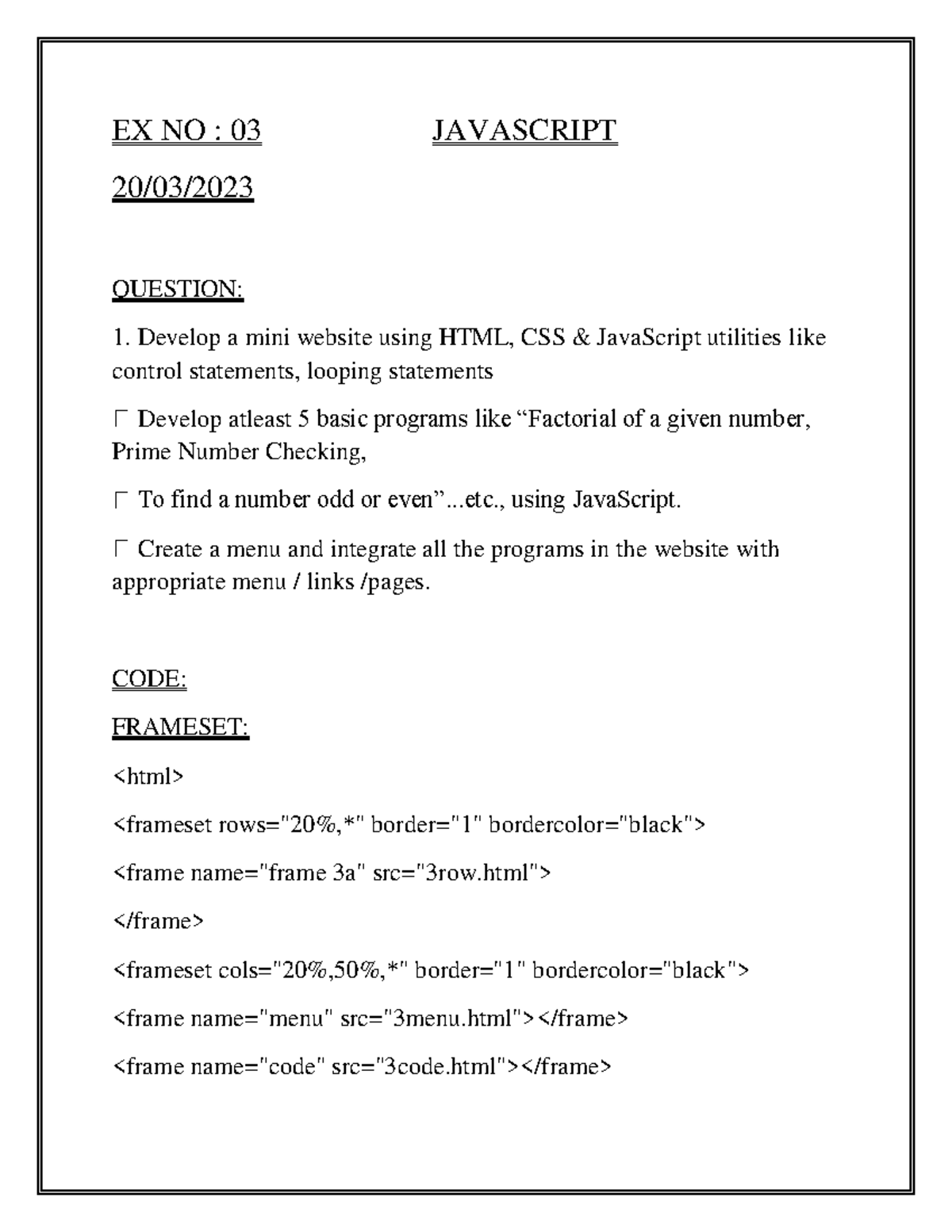 20MSS25 3 - LAB - EX NO : 03 JAVASCRIPT 20/03/ QUESTION: Develop a mini ...