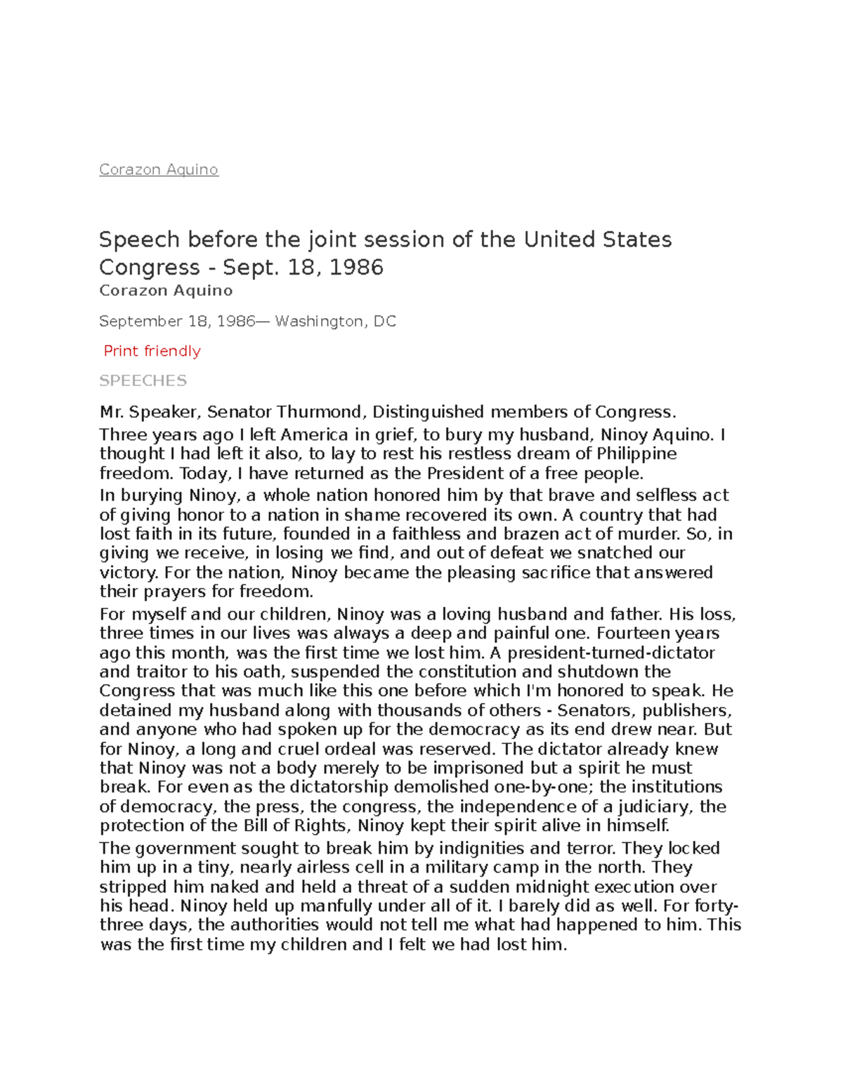 Speech Nice Archives of Women's Political Communication Corazon Aquino Speech before the