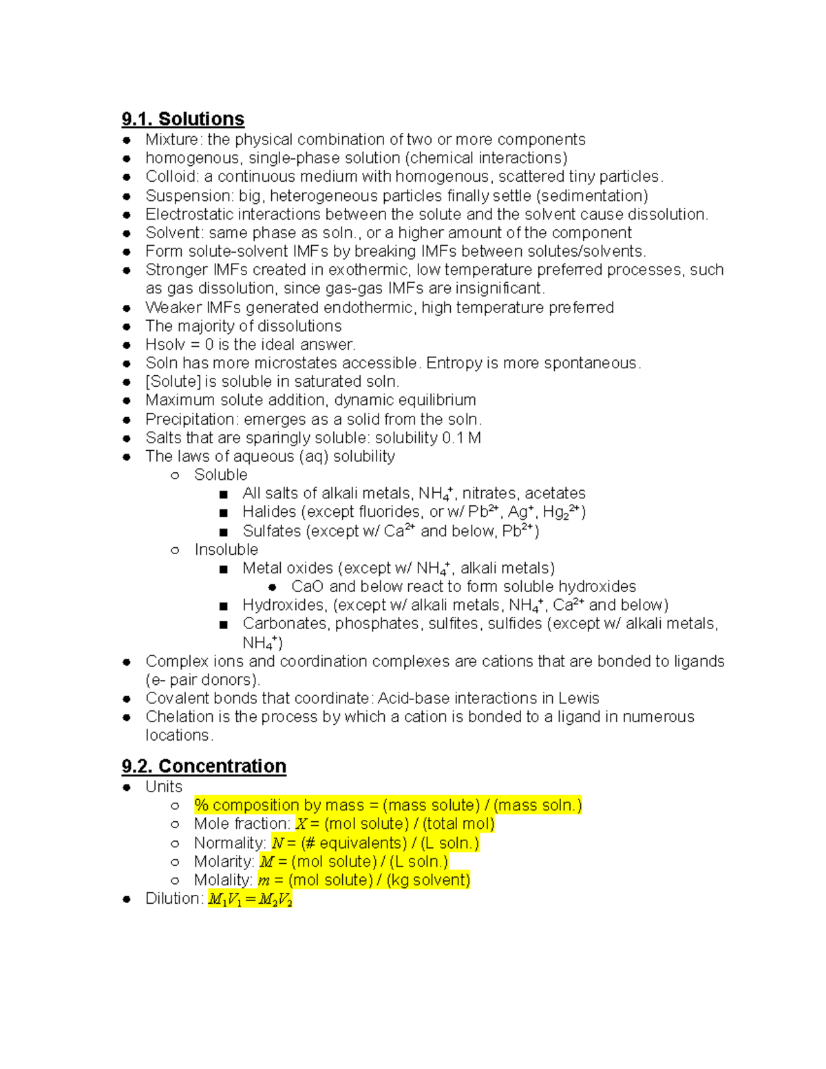 Solution Equilibria - notes - 9. Solutions Mixture: the physical ...
