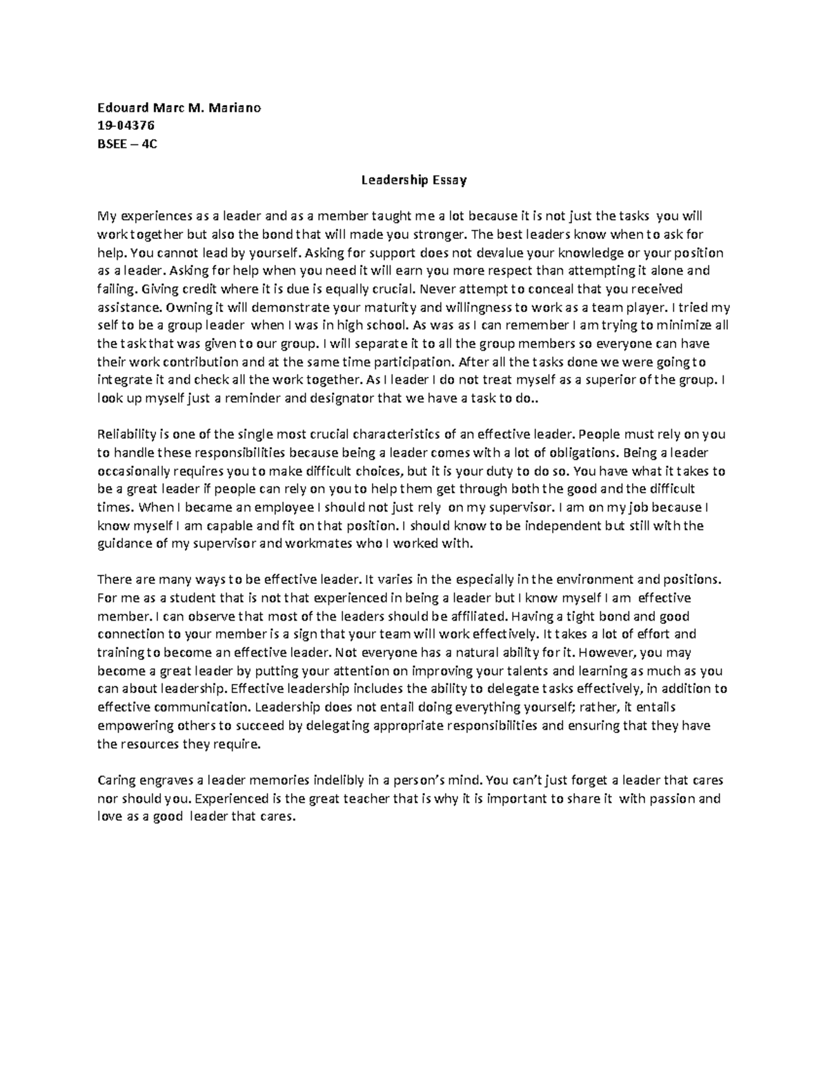 Leadership Essay - Edouard Marc M. Mariano 19- BSEE – 4C Leadership ...