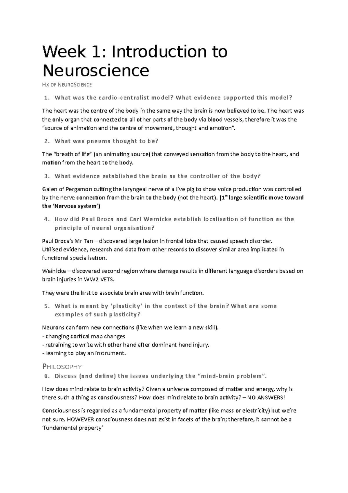 Wk 1-2 revision - Week 1: Introduction to Neuroscience HX OF ...